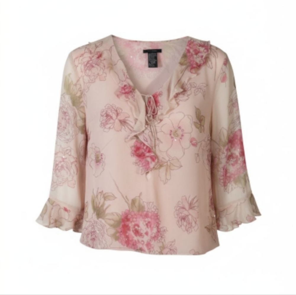 Silkland silk Y2k floral embellished  fairycore ruffled long sleeves  top